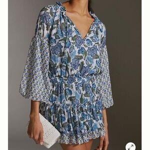 MISA V-Neck Mini Dress in Blue Motif NWT XS